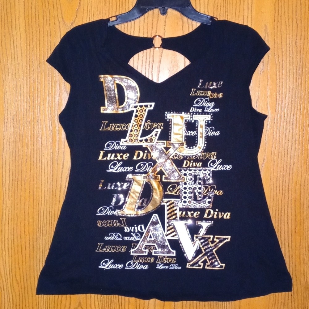Black/gold/white "EVER BLUE" Luke Diva short sleeve, low cut, open back shirt